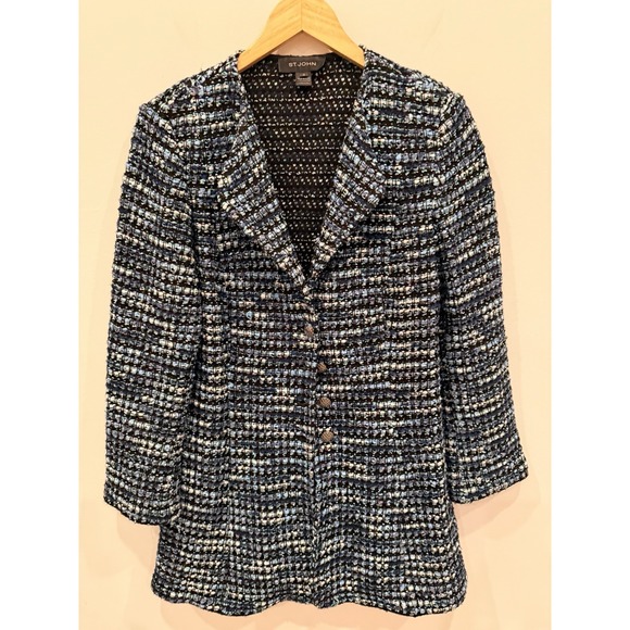 St. John Santana Knit Jacket‎ Blazer Womens 12 Blue Black USA Made Button